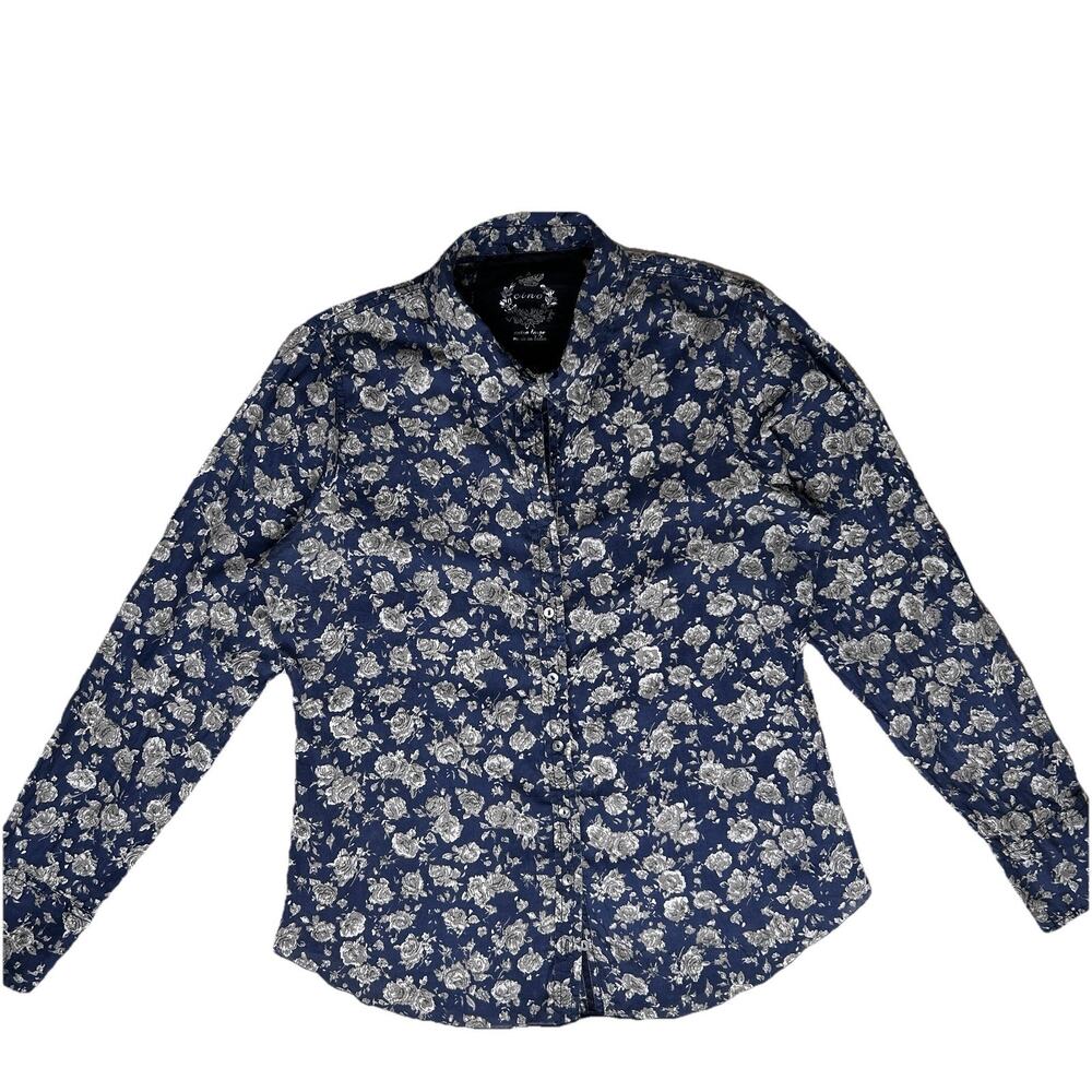 Cino V-Neck Floral Roses Print cotton MOP buttons Womens XL Top